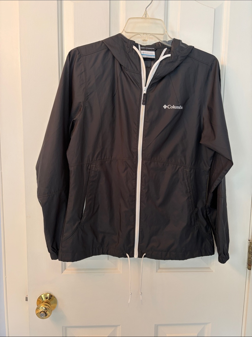 Columbia Black Hooded Rain Shell or wind Breaker with White Trim